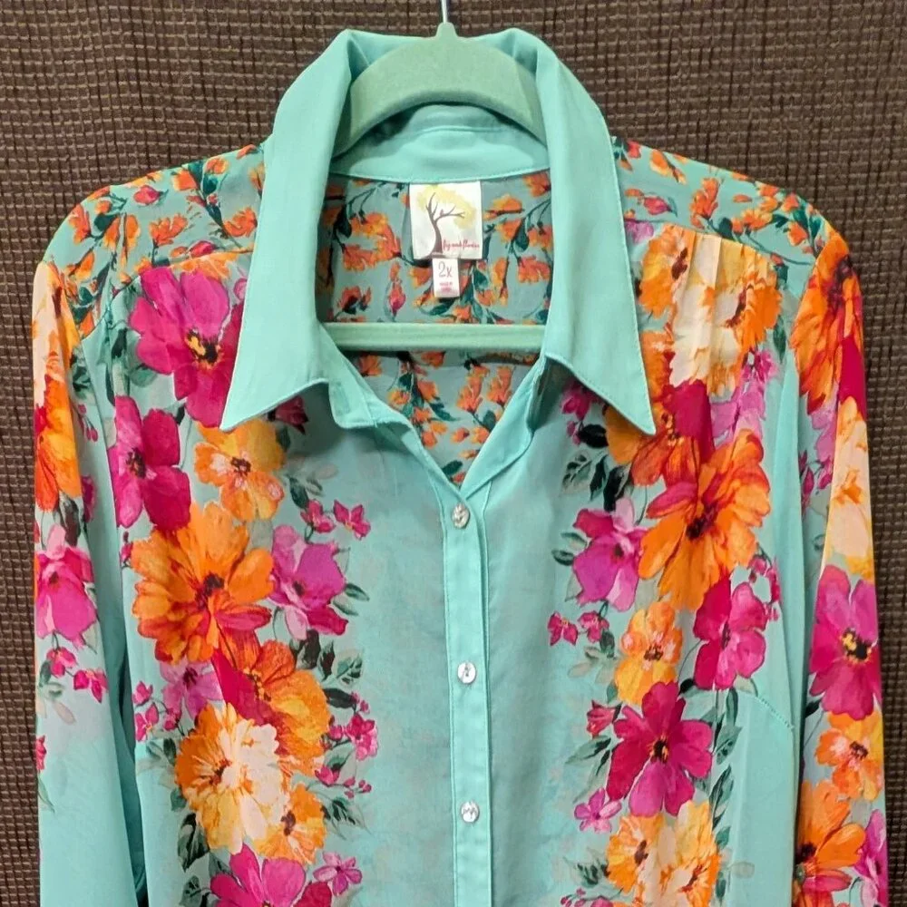 Fig and Flower Womens Pluxs Size 2XFloral Graphic Sheer Bouse - Picture 1 of 6